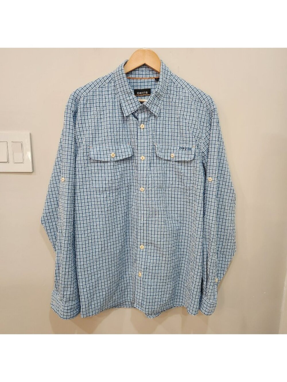 Orvis Men's Outdoor Clearwater LS Seersucker Shirt Size L Blue Plaid Roll Tab